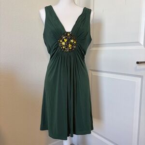 BCBGMAXAZRIA Forest Green Beaded V-Neck Ruched Cocktail Dress Womens Large Y2K